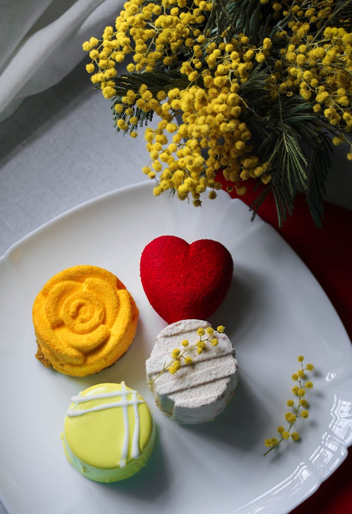 A vibrant pastry arrangement featuring cupcakes and mimosa flowers on a plate, perfect for celebrations.